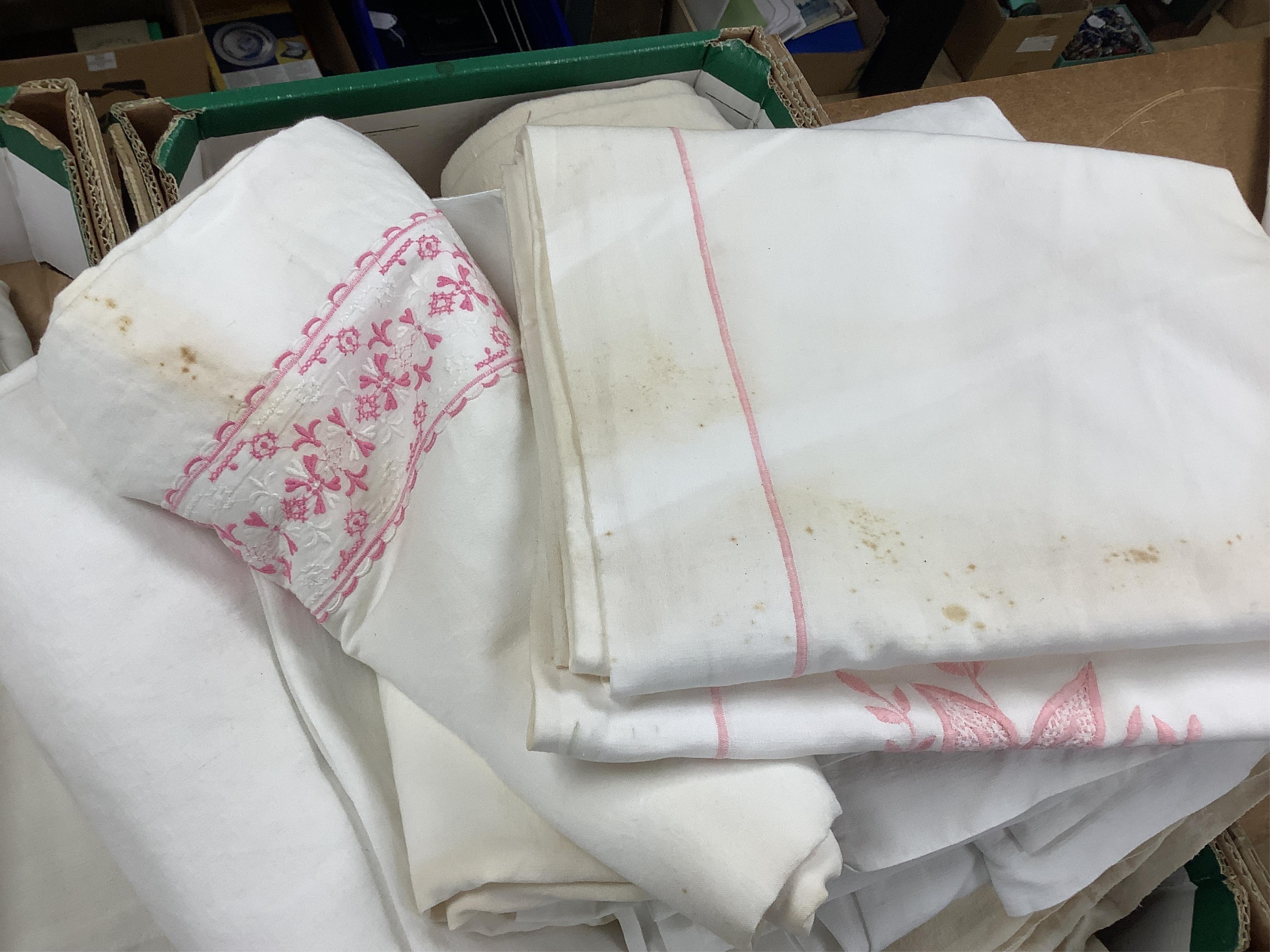 Fifteen French provincial monogrammed or embroidered linen and cotton sheets (2 boxes)